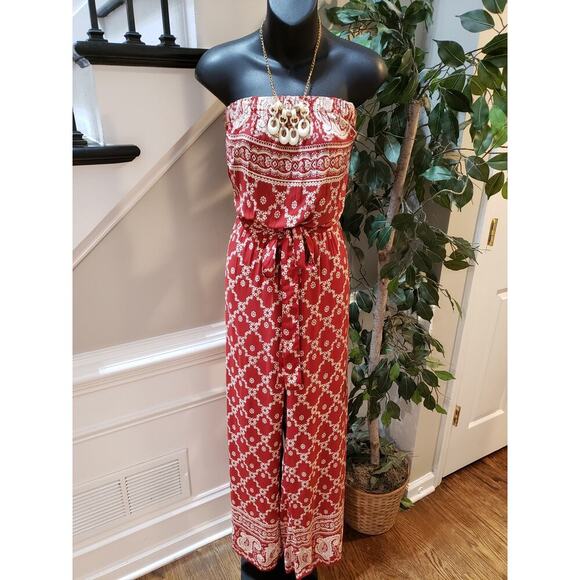 New York & Company Jumpsuit Womens Large Red Floral Strapless Tie Waist Wide Leg - Picture 1 of 14